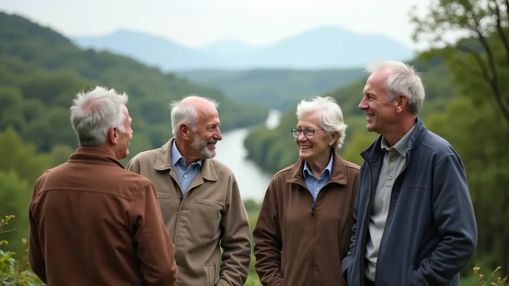 Senioru grupa stāv kopā uz Gaujas krasta, rādot uz debesu un smaidot