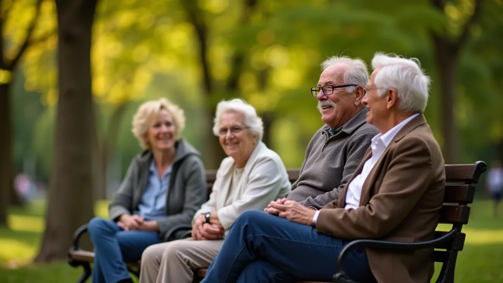 Senioru grupa sēž uz parka soliņa un sarunājas, jautra noskaņa