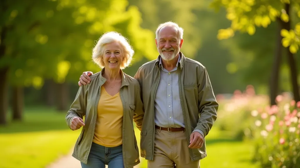 Seniori ļoti smaida, ejot cauri zaļam parkam ar vietējiem puķu stāviem