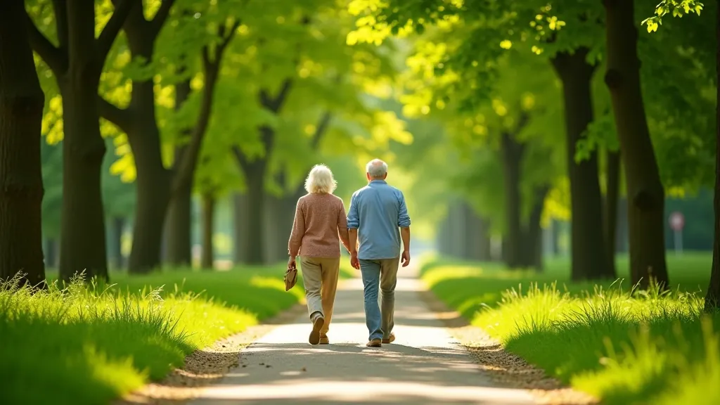 Seniori pastaigājas koka alejas pa parkā, jaukni un mierīgi